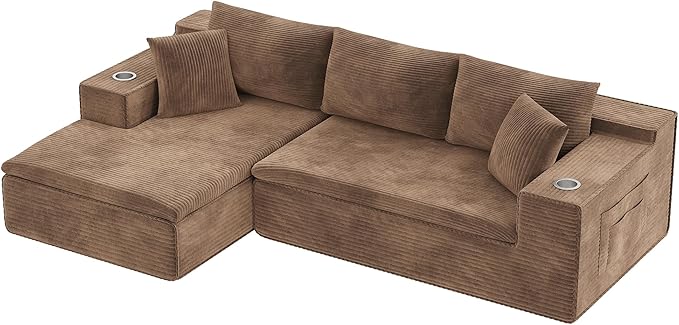 Homall 109 Boneless Couch with Memory Foam Modular Sectional Sofa with L-Shape Chaise Cloud Couch with Deep Seat Dual Cup Holders &amp Side Pockets No Assembly Required (Brown)