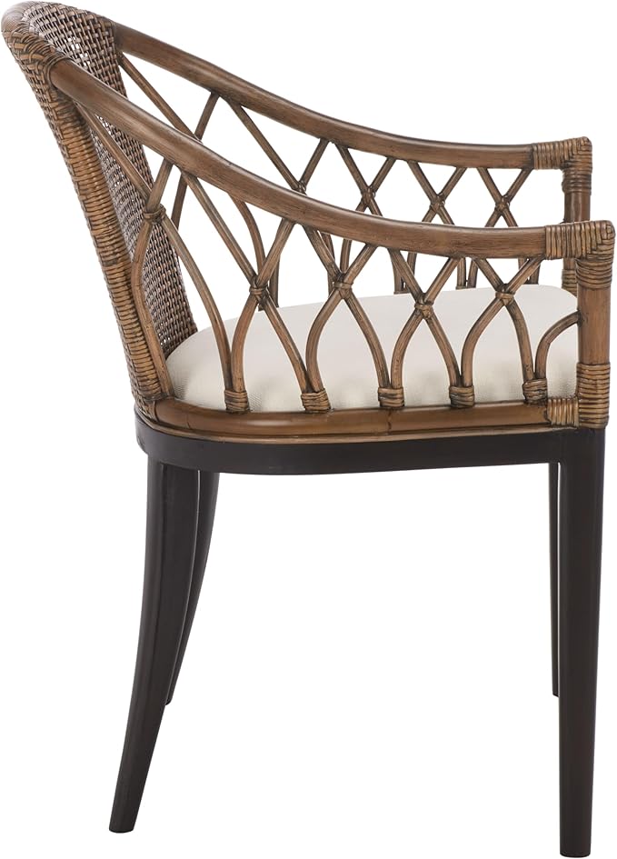 SAFAVIEH Home Collection – Miyomi Brown Rattan Arm Chair with Ivory Seat Cushion Coastal Modern Design Fully Assembled (ACH4900A)