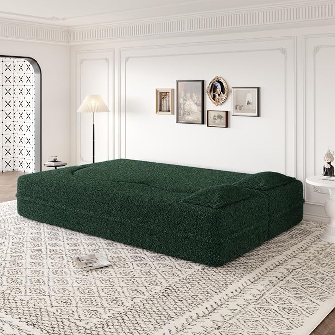 Convertible Sofa Bed Full Size｜78 Sleeper Couch with 2 Pillows｜Boucle Fabric Folding Sofa Bed｜High-Density Foam｜No Assembly｜Space-Saving｜for Living Room Guest Room｜Green