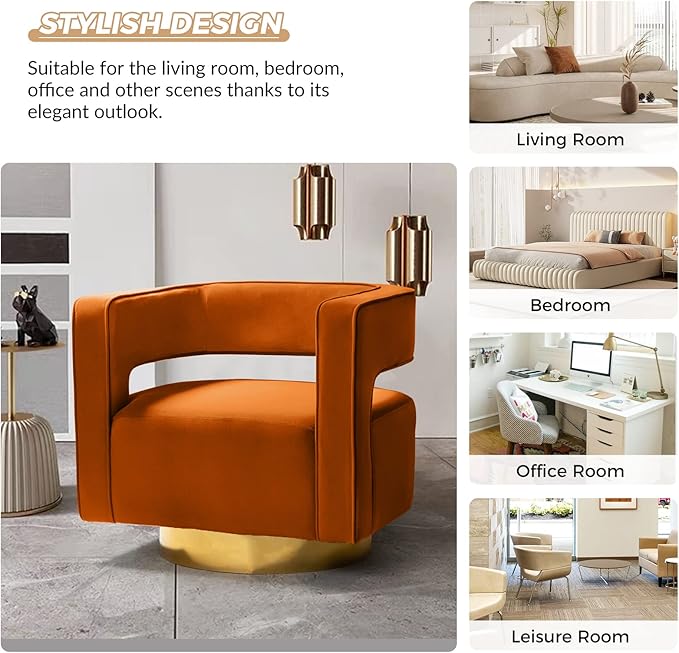 TINA'S HOME Swivel Accent Barrel Chair Modern Velvet Armchair with 3D Curved Open Back &amp Swivel Gold Metal Base Upholstered Club Chair for Living Room Bedroom Nursery Orange(No Assembly Require