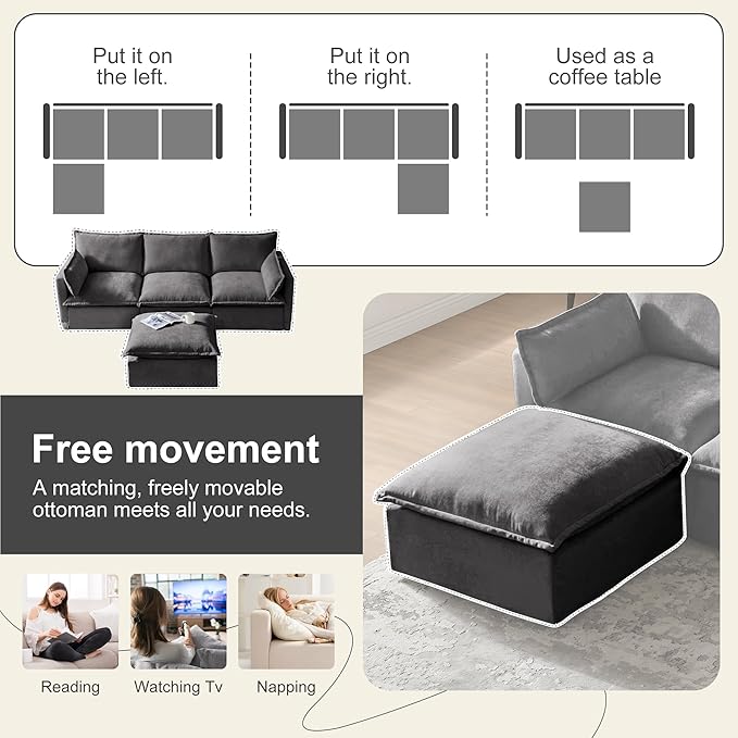 93'' Cloud Modular Sectional Couch with Convertible Removable Ottoman Oversized L Shape Sofa Deep Seat Sofa with Throw Pillows for Living Room Bedroom Apartment (Gray)