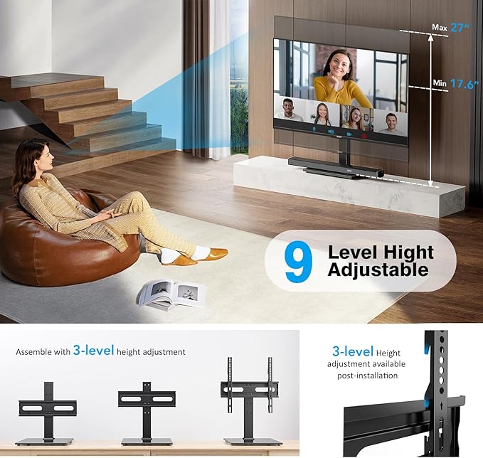 Universal TV Stand - Table Top TV Stand for 27-60 inch LCD LED TVs - 9 Level Height Adjustable TV Base Stand with Tempered Glass Base &amp Wire Management VESA 400x400mm