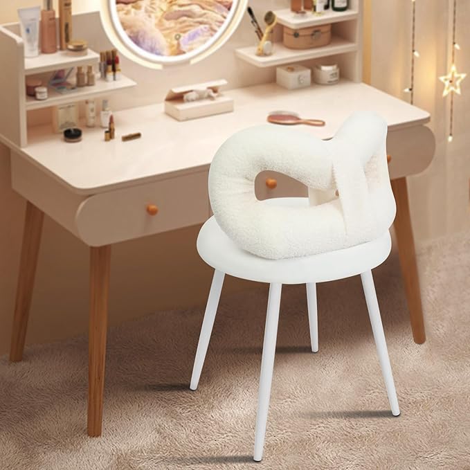 Vanity Chair with Cute Bow Backrest Creamy White Make-up Chair Bedroom Vanity Stool Armless Dressing Chair Small Upholstered Accent Chair Desk Chair for Makeup/Reading/Living Room Girls Women Kids