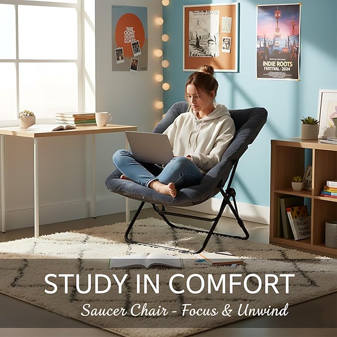 Comfy Folded Chair Soft Faux Fur Oversized Folding Chair Flexible Lazy Chair for Kids Girls Teens Adults Metal Frame Moon Chair for Dorm Rooms Bedroom Living Room