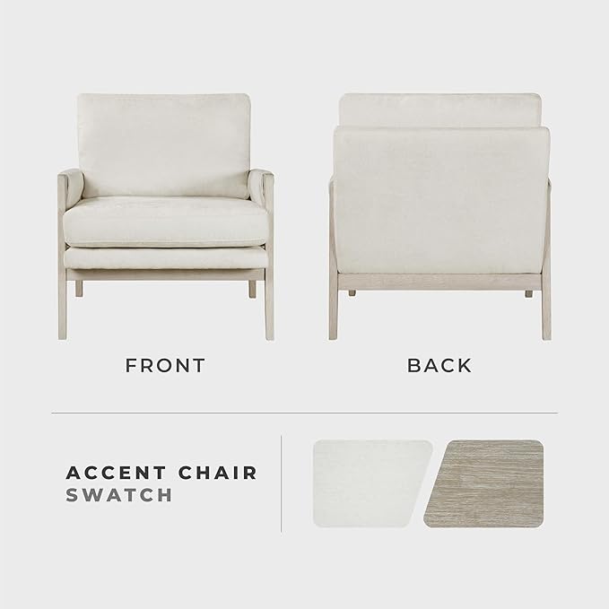 Lexicon Living Room Accent Chair with Wire-Brushed Light Brownish-Gray Wood Frame Chenille Upholstered Arm Chair with Wrapped Arm Rest Thick Seat Cushion Cream