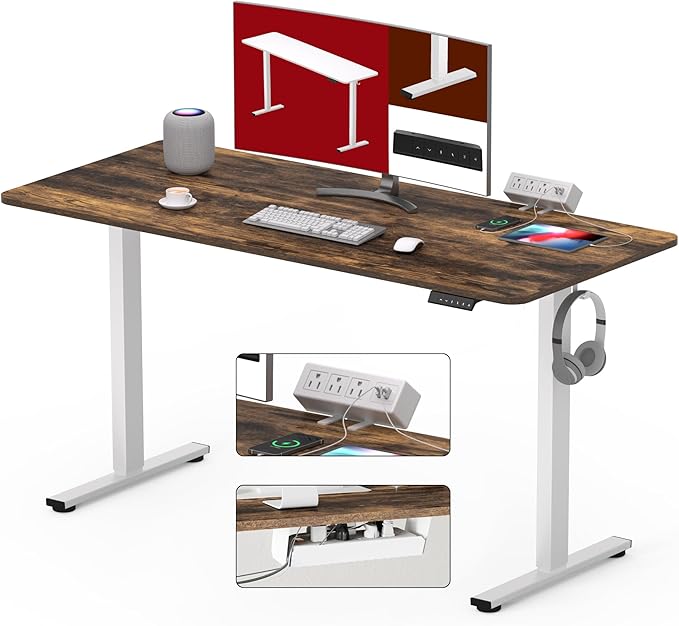 SANODESK Electric Standing Desk with Desk Clamp Power Strip 48x 24 Whole-Piece Desktop Height Adjustable Stand Up with Cable Management Sit Stand Home Office White Frame/Rustic Brown Top