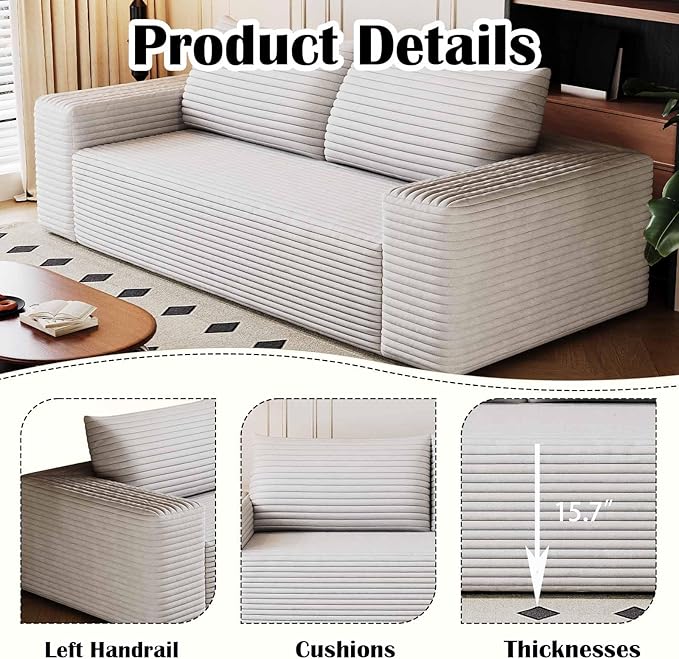 63 Corduroy Couch in a Box Cloud Loveseat Sofa with 2 Cushions Boneless Couches for Living Room Bedroom Small Space Compressed Deep Seat Memory Foam No Assembly (White 63)