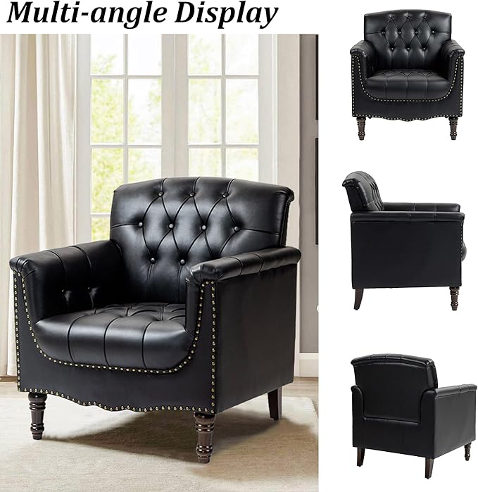 Faux Leather Accent Chair PU Leather Modern Comfy Upholstered Armchair with Wood Legs &amp Nailhead Trim for Living Room Bedroom (BlackSet of 2)
