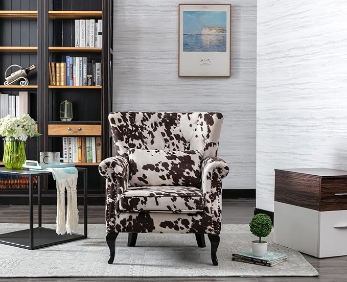 Kmax Velvet Club Chair Tufted Throne Mid Century Accent Wingback Chair Padded Seating Wood Legs Home Club Bedroom Living Room Cow