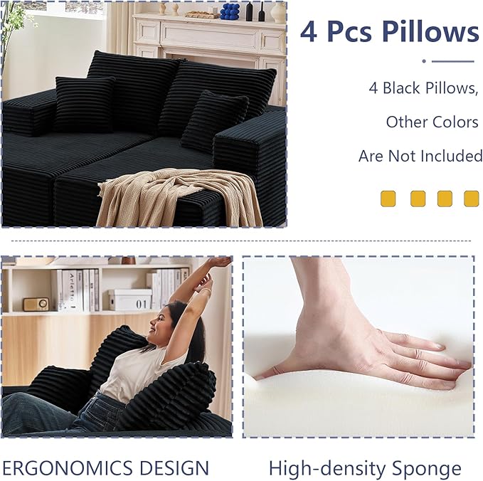 75Oversized Chaise Lounge ChairSectional Double Lounge Chaise with Pillows Upholstered Corduroy Boneless Lounge Chair Fluffy Modern Loveseat Sleeper Sofa for Living Room or Bedroom(Black)