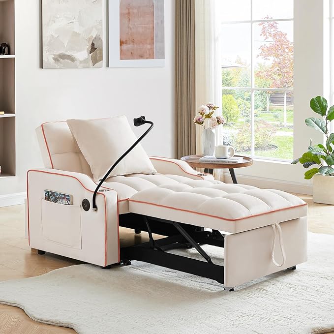 KINFFICT Sleeper Sofa Chair Bed Convertible 3-in-1 Sofa Armchair Adjustable Sleeper Chairs with Pullout Bed Single Lounger Futon Chairs with Side Pockets for Living Room (Beige)