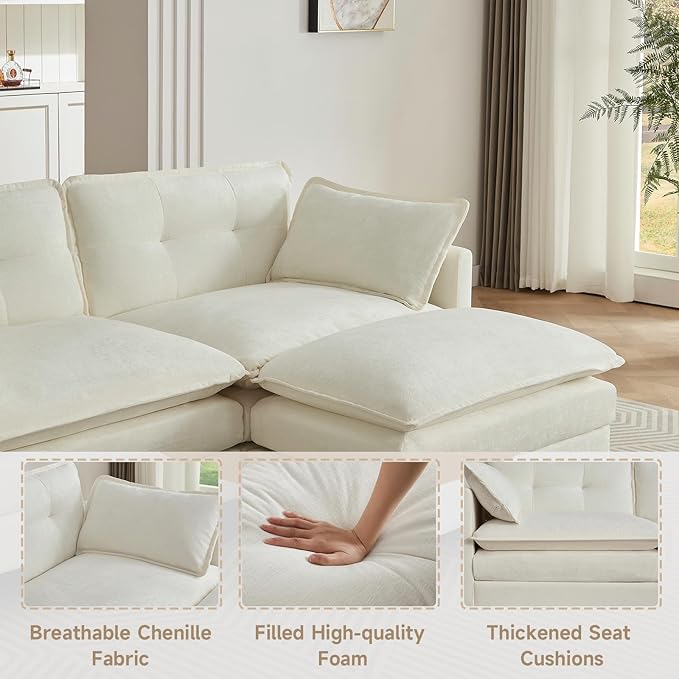 Modular Sectional Sofa 76.5 L-Shaped Chenille Comfy Sectional Couches for Living Room 2-Seater Cloud Couches with 1 Movable Ottomans Flexible Combination Modern Deep Seat Sofa (Beige)