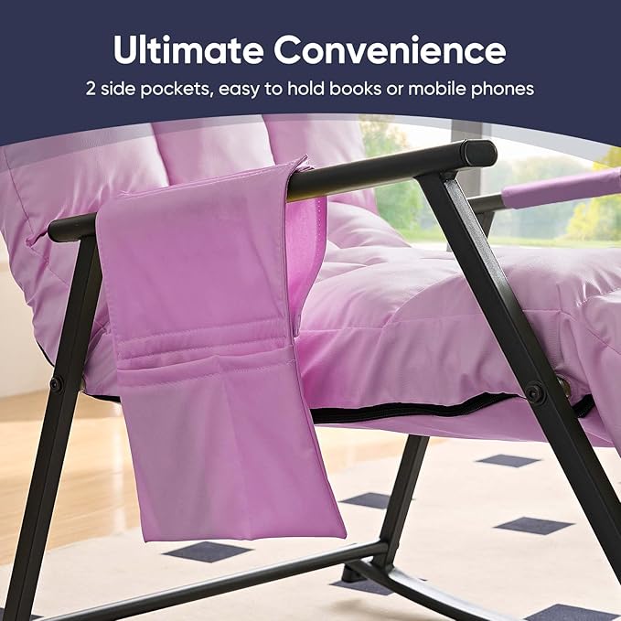 ijuicy Lazy Lsisure Rocking Chair with a Sturdy Iron FrameAdjustable Single ChairGlider Chair for Watching TV or Playing Vedio GamesLiving Room/Bedroom/Guest Room (Pink)