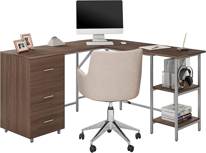 Techni Mobili L Shaped Desk - Two-Toned Computer Desk with Drawers &amp Storage Shelves - Simple Modern Furniture &amp Home Office Space Corner Table for Work &amp Writing