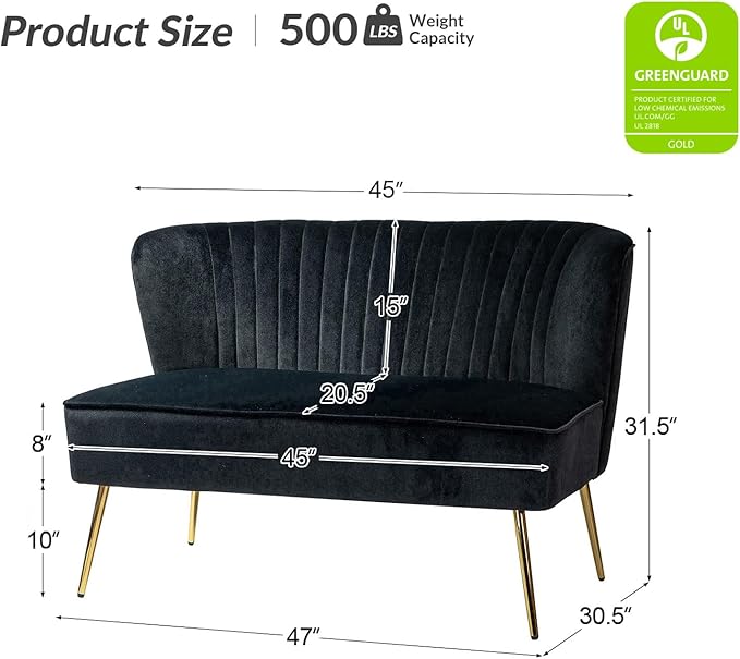 HULALA HOME Velvet Loveseat Sofa with Gold Legs Mid-Century Modern Upholstered Love seat Couch Tufted Small 2-Seat Sofa Armless for Living Room Bedroom Apartment Small Spaces Black