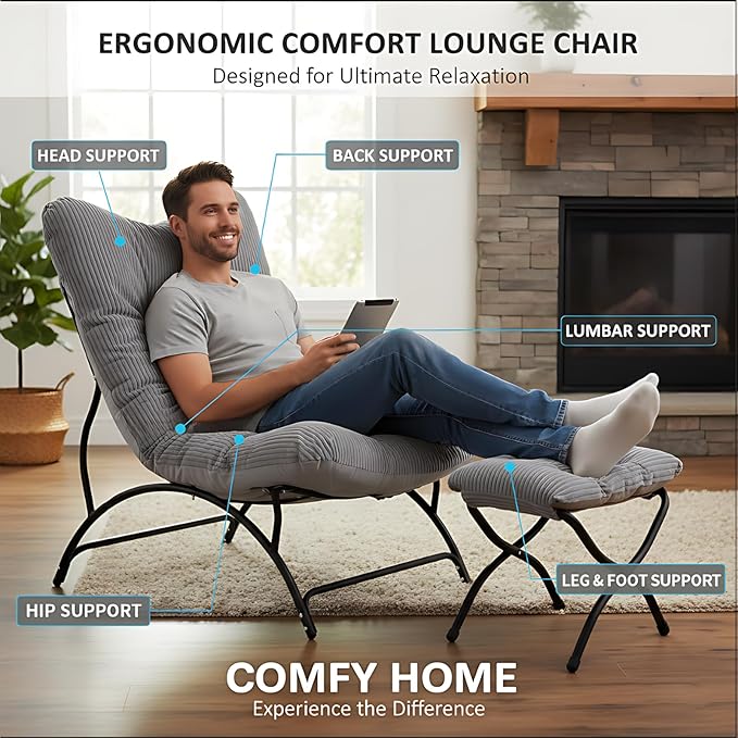 Welnow Modern Accent Chair with Ottoman Upholstered Comfy Lounge Recliner Sofa Thick Cushion Oversized Lazy Reading Chair with Footrest for Living Room Bedroom Apartment Office Dorm Light Grey