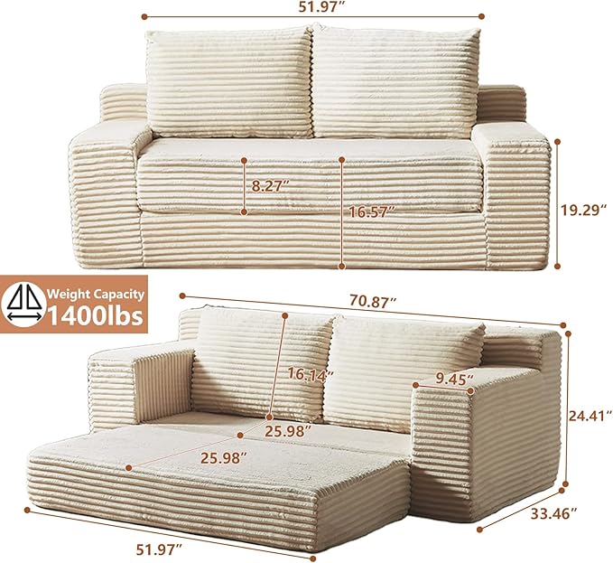 2-in-1 Loveseat Sofa with Pull-Out Bed 70.87 Sleeper Sofa with Comfy Cushions Corduroy Upholstered 2-Seater Cloud Sofa for Living Room Apartment and Small Spaces No Assembly Required (Beige)
