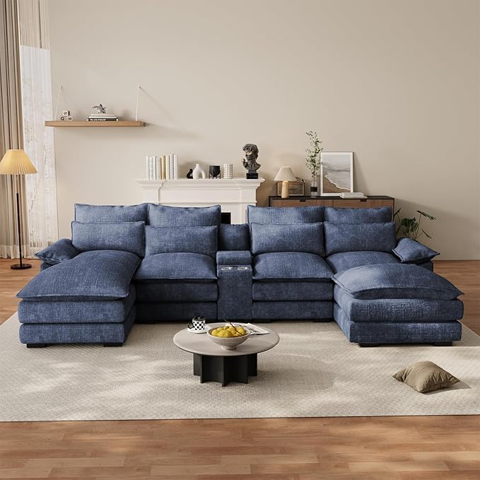 OUYESSIR 135 U Shaped Sectional Cloud CouchBlue Sectional Couches for Living RoomComfy Fluffy Chenille Oversized Cloud CouchModular Sectional Sofa with Central Console &amp Double Chaise Lounge