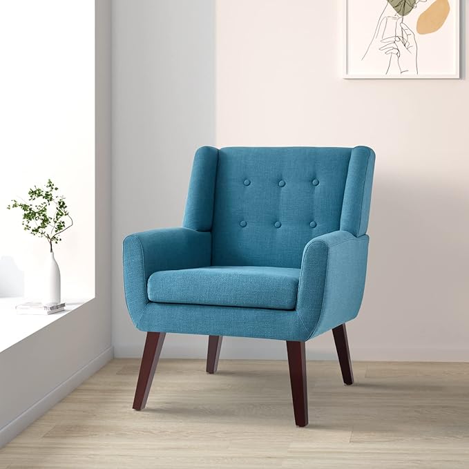 HUIMO Accent Chair Set of 2 Upholstered Button Tufted Armchair Linen Fabric Sofa Chairs for Bedroom Living Room Mid Century Modern Comfy Reading Chair (2Lake Blue)