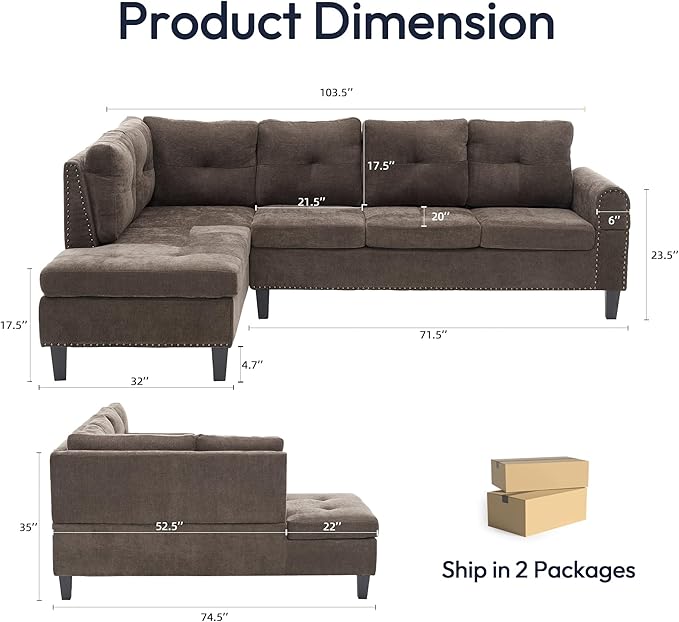 Modular Sectional Sofa with Cup Holders L Shaped Sectional Couch with Chaise and Adjustable Backrest Modern Linen Fabric Couch for Living Room Apartment Small Space Brown