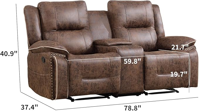 EBELLO Faux Leather Manual Recliner Loveseat 2 Seater Reclining Sofa Chair with Center Console Hidden Storage and Cup Holders Vintage Rivet Mid-Century Design for Living Room Meeting Room Brown