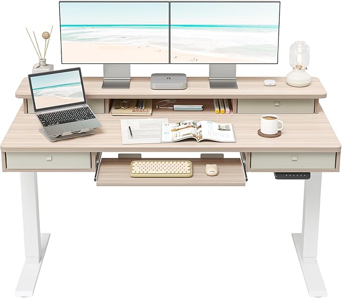 FEZIBO 55'' x 24 Height Adjustable Electric Standing Desk with 4 Drawers and Keyboard Tray Home Office Table for Work Study Gaming Writing Light Walnut