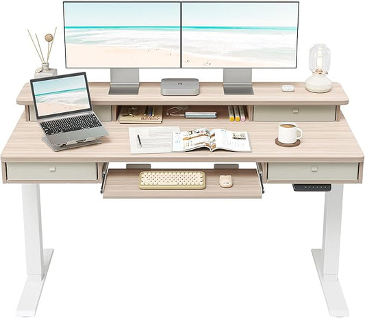 FEZIBO 55'' x 24 Height Adjustable Electric Standing Desk with 4 Drawers and Keyboard Tray Home Office Table for Work Study Gaming Writing Light Walnut