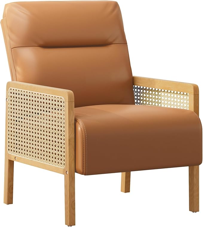 Rattan Accent Chair with Rattan Arms Mid Century Modern Chair for Living Room Faux Leather Upholstered Comfy Chair for Bedroom Reading Room Home Office Whisky Brown