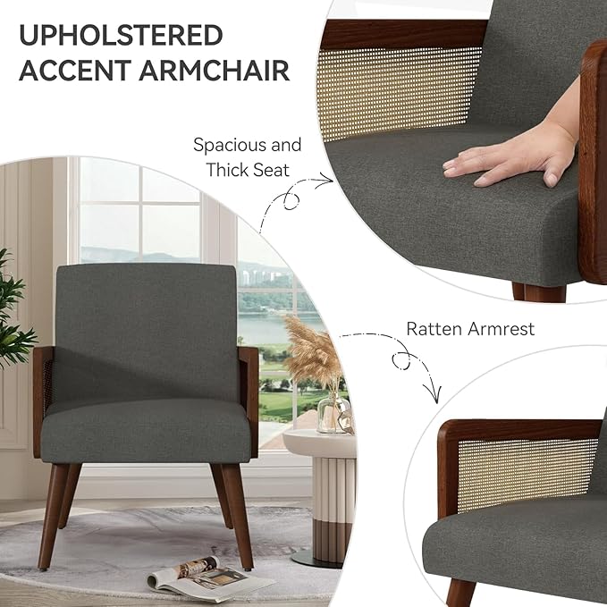 Accent Chair with Rattan Arms Set of 2Dining Chairs with Wood Legs Modern Armchair for BedroomLiving Room and Kitchen Lounge Reading Chair Grey