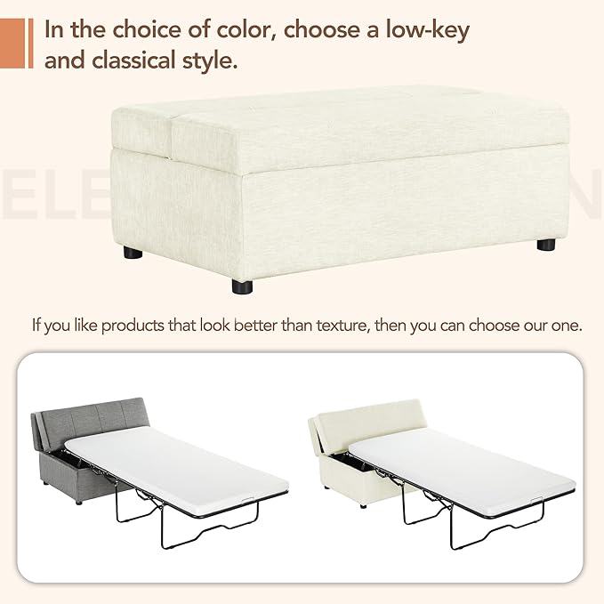 46 Ottoman Folding Bed Twin Size Convertible Ottoman Pull Out Bed with Memory Mattress Foldable Sofa Beds Dual Use Guest Sleeper Couch for Living Room Bedroom Guest Room RV (White+Chenille)