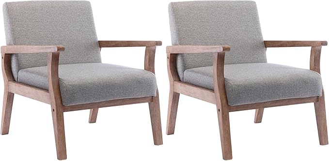 VESCASA 23.2 W Accent Chairs Set of 2 with Arms Farmhouse Side Chairs with Upholstered Seat Mid Century Modern Reading Chairs with White Wash Wood Legs for Living Room/Bedroom Light Grey Linen