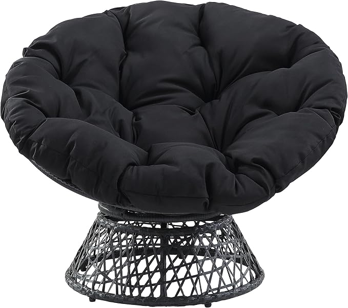 OSP Home Furnishings Wicker Papasan Chair with 360-Degree Swivel Grey Frame with Black Cushion