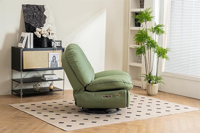Power Recliner Sofa Chair 270 Degree Swivel Leisure Single Sofa with Button Control Wireless Speaker USB Ports Hidden Arm Storage and Phone Holder for Living Room Bedroom Green PU (Without LED)