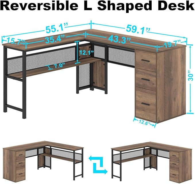 LVB Wood L Shaped Desk Large Computer Office Desk with File Cabinets Reversible Executive L Shape Gaming Desk with Drawers Metal Wooden Corner Desk Table with with Storage Shelf Rustic Oak 59 Inch