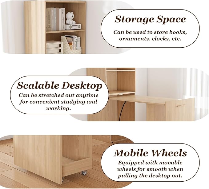 KEIKI Home Office Stretchable Desks with Storage Shelves and Mobile Wheels Modern Wood Foldable Desk Gaming Computer Corner Table for Apartments Work Study Writing Natural
