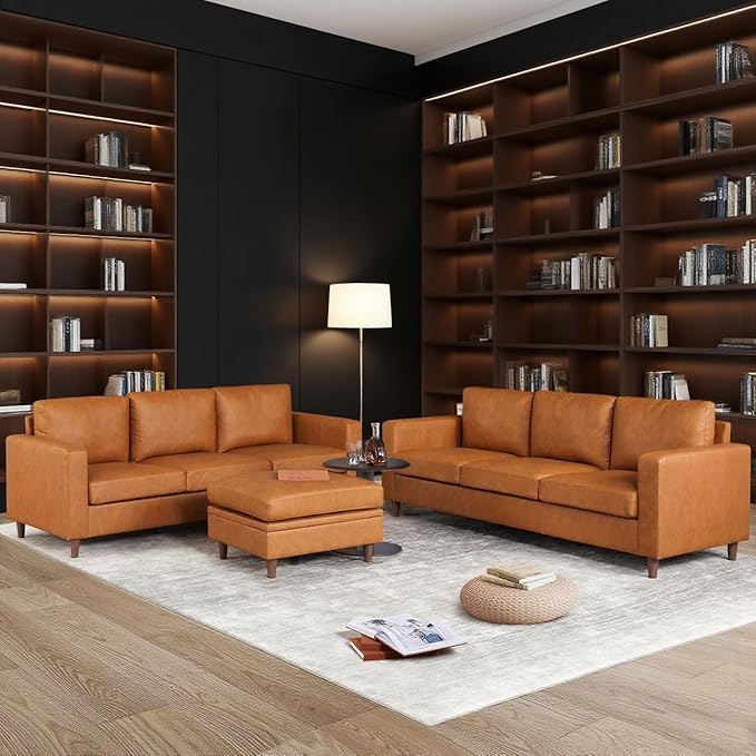 Garvee Brown Leather Sofa 83 in Mid-Century Modern Couch 3-Seater Sofa with Armrests and Comfy Cushions Pu Deep Seat Sofas for Living Room Bedroom Office