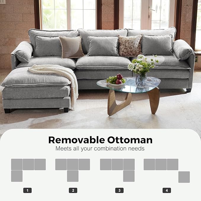ELUCHANG 113 L Shaped Sectional Couch Comfy Cloud Modular Sectional Sofa with Movable Ottoman 4-Seat Deep Seat Modern Cloud Sofa Couches for Living Room Bedroom and Apartment Chenille Grey