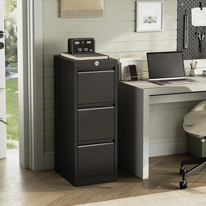 3-Drawer Lateral File Cabinet with Lock Heavy Duty Metal Filing Cabinet for Letter/Legal/A4/F4 Documents Space-Saving Vertical Office Storage Organizer for Home Office Easy Assembly Black