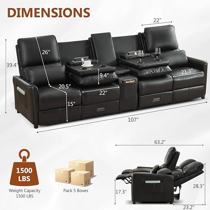 Reclining Loveseat Sofa 4 Seat Manual Recliner Couch with Flip Middle Backrest Console Wall Hugger Storage Drawer &amp Cup Holder for RV &amp Living Room Seating (Black 4 seat &amp Console)