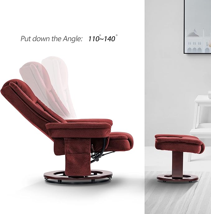 MCombo Swivel Recliner with Ottoman Chair TV Chair Sets with Vibration Massage for Small Space Living Room Bedroom 9096 9099 (Textile Burgundy)