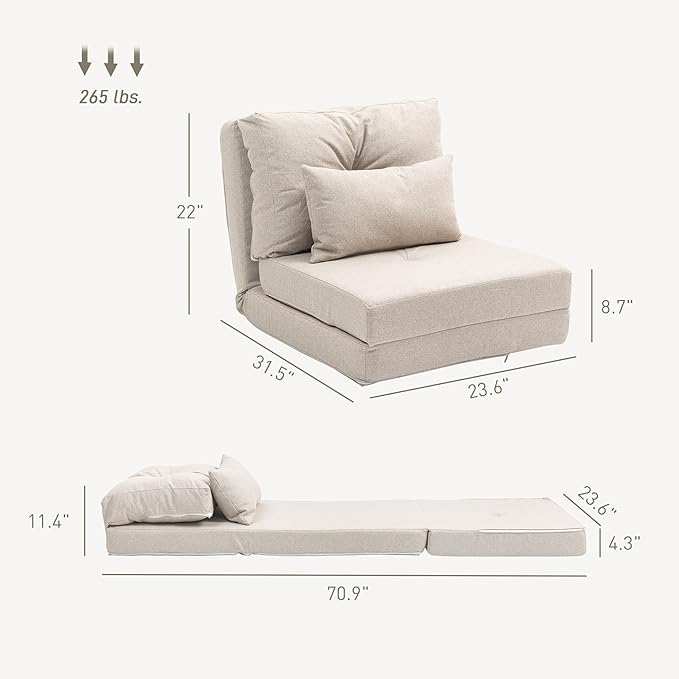 HOMCOM Convertible Flip Chair Floor Lazy Sofa Folding Upholstered Couch Bed with Adjustable Backrest Metal Frame and Pillows for Living Room Bedroom Beige