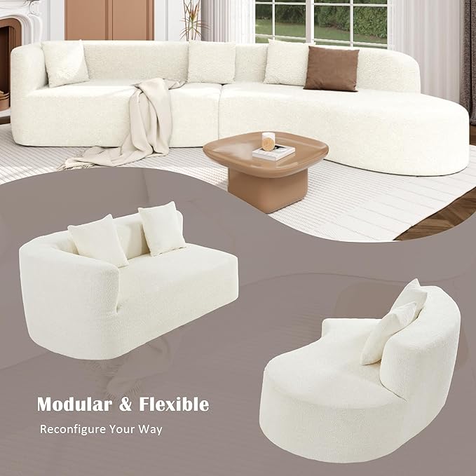 132 Modern Sectional Sofa with Curved Design 2-Piece Chenille Modular Couch with 4 Pillows Plush Sponge &amp Spring Cushion Large Sponge Modular Sofa for Living Room (Beige#56)