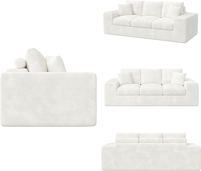 Nalupatio 91.7 Boneless Sofa Couch3 Seater Cloud Couch with Layered CushionUpholstered Corduroy Floor Sofa with Deep Seat &amp Removable Cover &ampThrow Pillows for Living RoomNo Assembly Beige