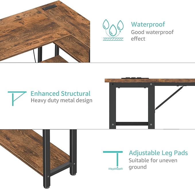 Lufeiya L Shaped Computer Desk with Power Outlet Shelves 47 Inch Corner Desk for Home Office Bedroom L-Shaped Study Writing Working PC Desks Rustic Brown
