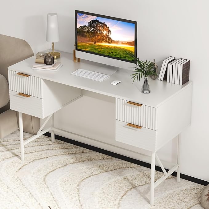 Tangkula White Desk with 4 Drawers 48 Inch Home Office Desk with Storage Modern Computer Desk Study Writing Desk with Metal Frame for Bedroom Study Office