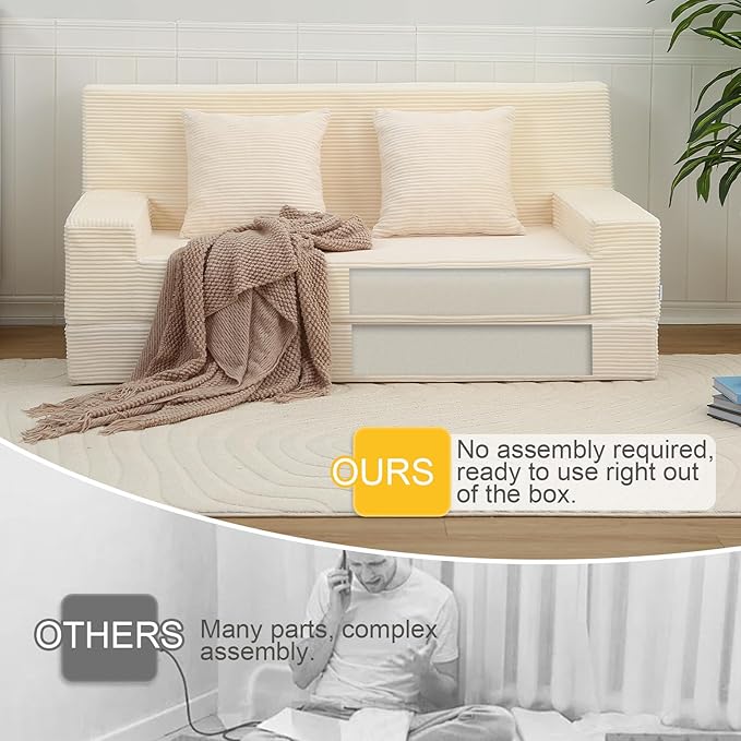 MeMoreCool Boneless Folding Queen Sofa Bed – Corduroy Convertible Futon Sleeper Couch with Foam Core &amp Pillow Washable Cover Space-Saving Floor Sofa for Living Room Guest Bedroom Apartment