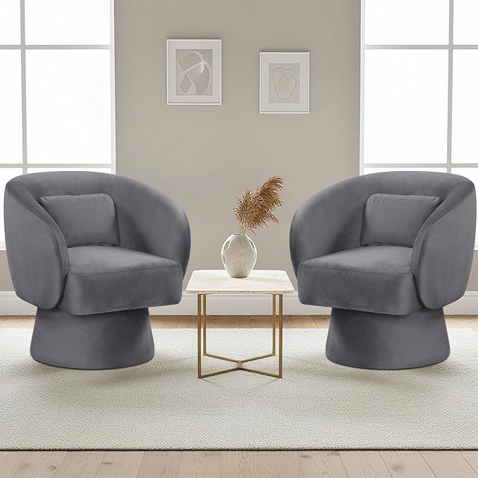 Giantex Swivel Accent Chair Upholstered Barrel Chair with Curved Back &amp Removable Lumbar Pillow Comfy Round Armchair with 360° Rotating Function Single Sofa Chair for Living Room