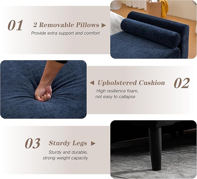 Mlmh &amp Kngwa Chaise Lounge Chair Indoor 90.6 Upholstered Oversized End of Bed Bench with 2 Pillows &amp Armrests Comfy Sleeper Couch Daybed Bench for Bedroom Living Room Chenille Navy