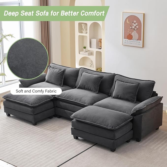 Sectional Sofa Comfy Cloud Couch for Living Room with Pillows Modern Velvet Sofa Sleeper Deep Couches with Two Ottoman (Grey 5-Seat)