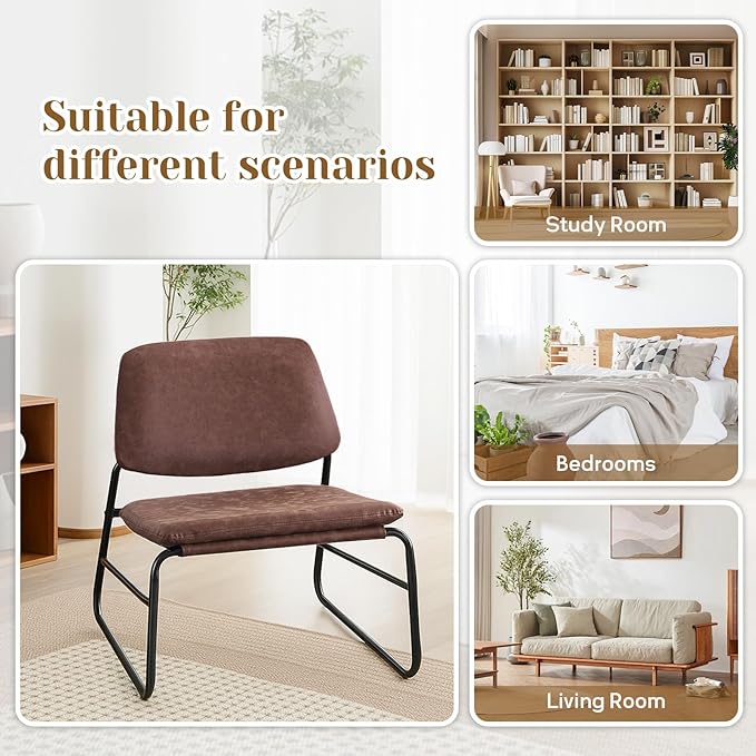 Joysoul Suede Fabric Wrought Iron Armless Accent Chair - Tufted Backrest Premium Upholstery &amp Sturdy Frame Modern Living Room/Reading Chair for Apartments Bedrooms (Brown)